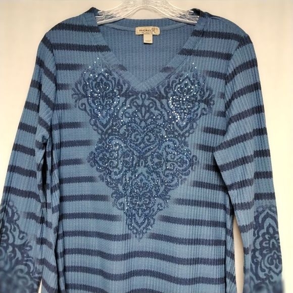 One World Tunic Top Knit Blue Rhinestone Sparkle Sz XS Boho Sparkle Cottagecore - Picture 3 of 10